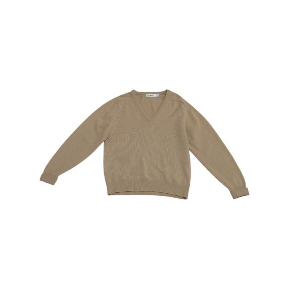 Vintage LL Bean Lambswool Knit V Neck Sweater Tan Brown Wool Mens Medium Preppy - Picture 1 of 3